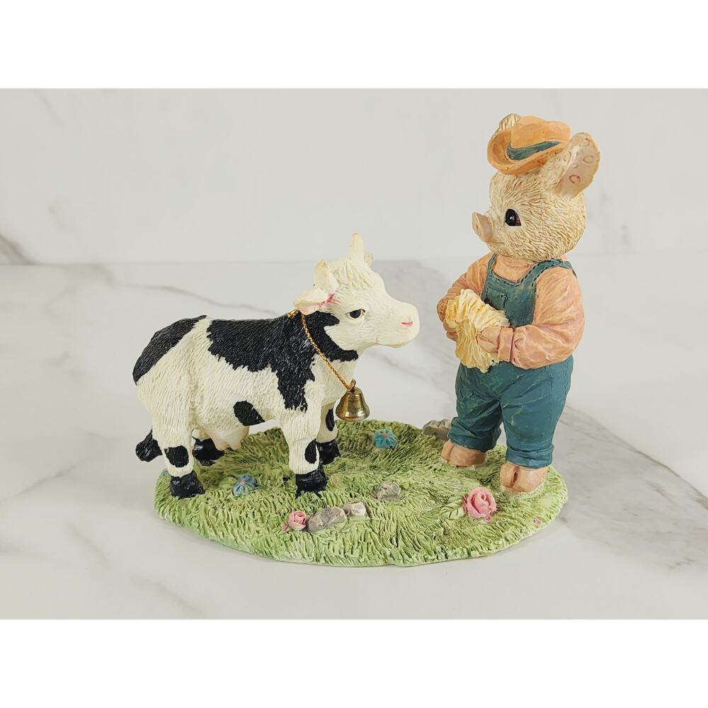 Farmer Pig Piggy w/ Cow Figurine 5" Resin 1994 Trippie's Countryside Lover Vtg